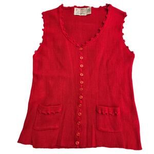 Kimlon Vintage 60s 70s Womens Cottage Red Button-Up Knit Vest w/ Ruffled Trim L